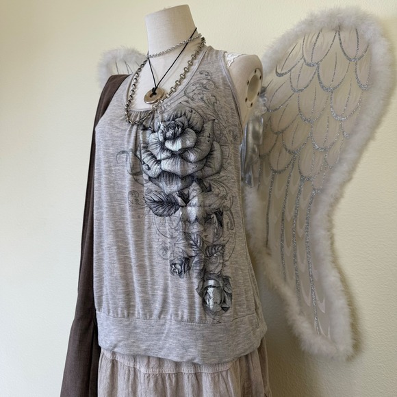 Y2K Girly Grunge Gray Rose Graphic Tank Top Sleeveless Racerback Boho Relaxed - Picture 2 of 7
